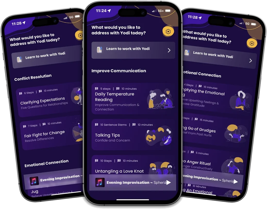 Three phone screens showing the Yodi app with guided PAIRS exercises